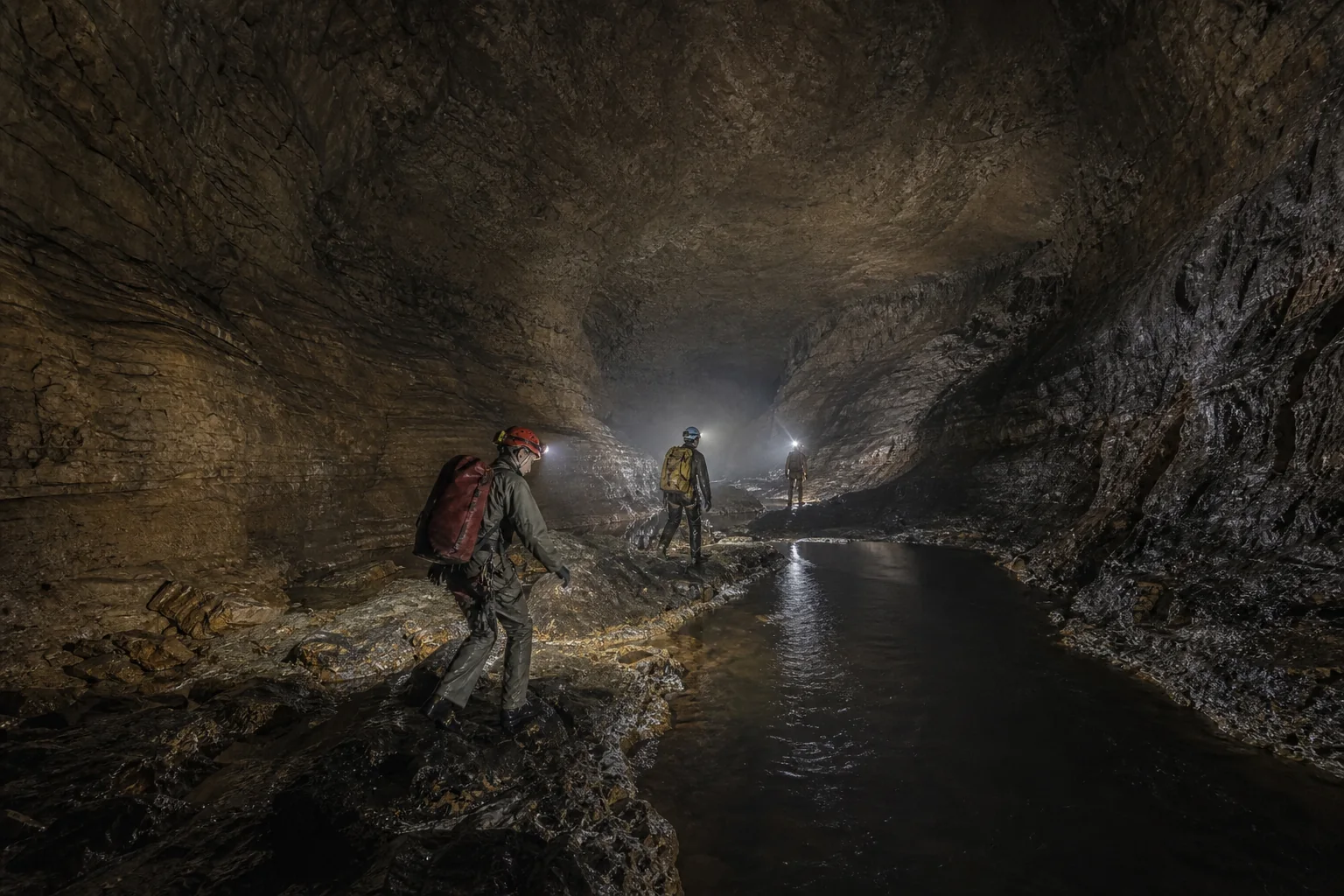 Three equipped cavers moving beside an underground river
