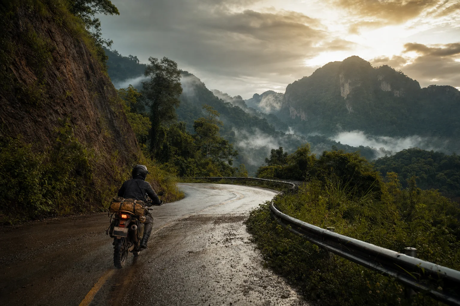 A motorcyclist riding a wet road through misty mountains