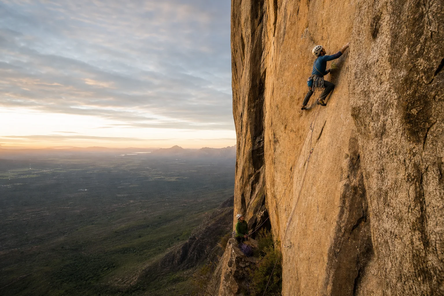 Two climbers on a protected multi-pitch granite route