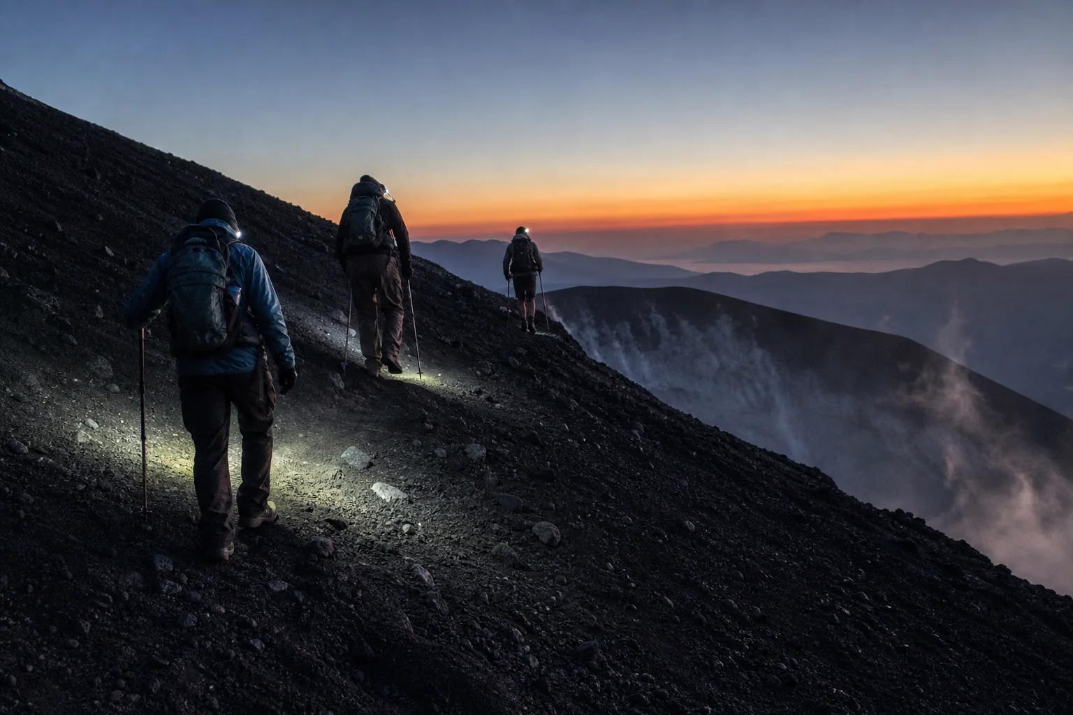 Three hikers climbing a volcanic ridge before sunrise