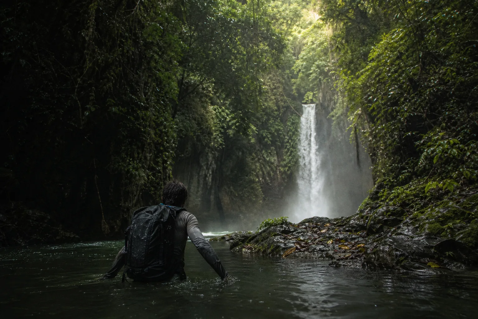 A traveler wading through a jungle river toward a waterfall